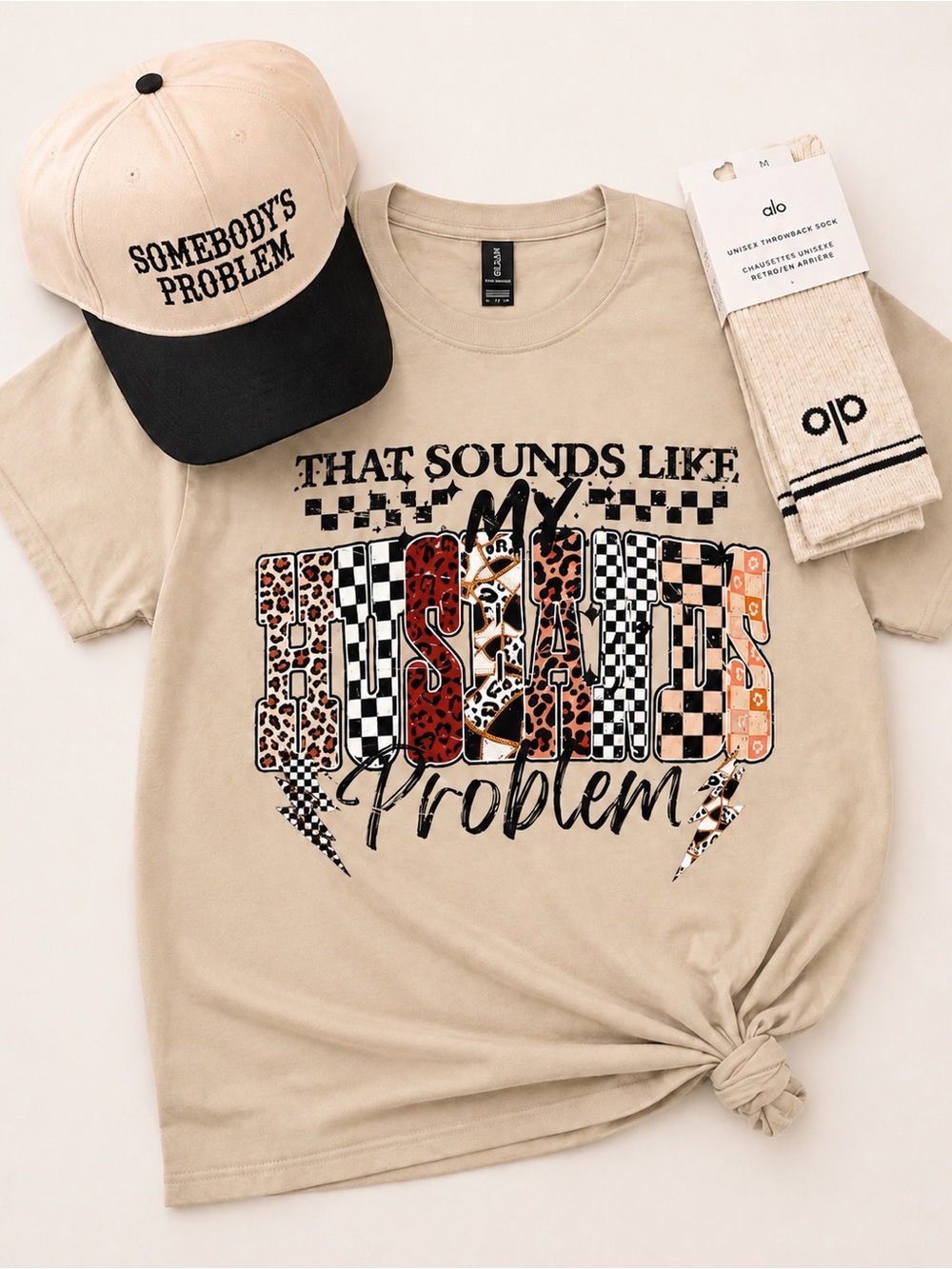 NEW That Sounds Like My Husband’s ProblemGraphic T Size Alo Socks + Trucker Hat